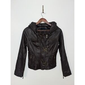 VERO MODA Alum 100% Leather Vintage Y2K 2000s Brown Jacket Retractable Hood RARE